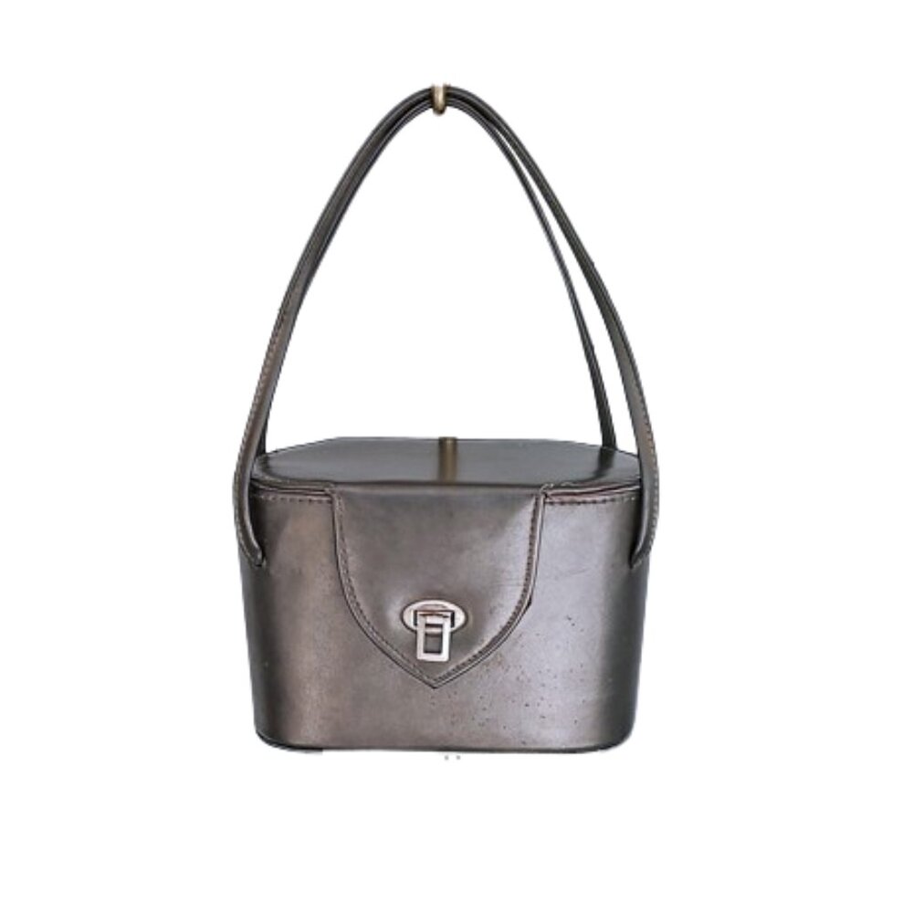 Vintage 1950s Dark Grey Vinyl Rounded Box Style Handbag Pocketbook MCM Handles